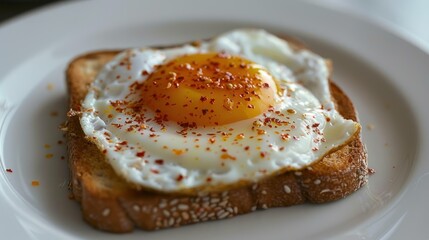 Delicious fried egg with chili on toast at white plate. AI generated image