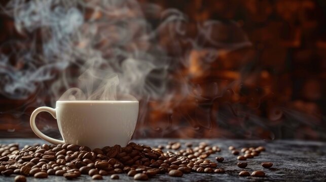 A cup of hot coffee drink with smoke around roasted coffee beans. AI generated image