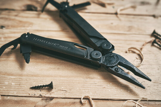 LVIV, UKRAINE - December 21, 2023:: Multitool Leatherman Wave Plus black