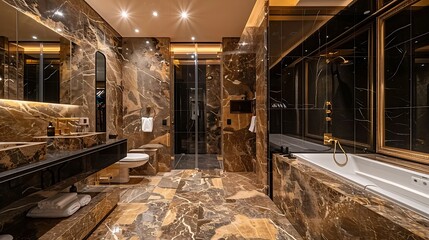 a luxurious bathroom with marble tiles - obrazy, fototapety, plakaty