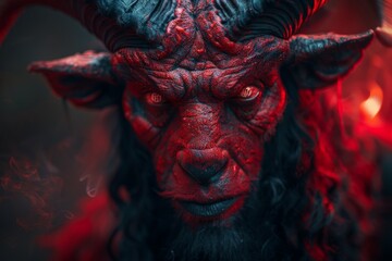 Fiery Red Demon With Horns and Long Hair - obrazy, fototapety, plakaty