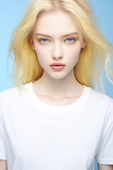 Beautiful young woman with yellow hair wearing a white blank T-shirt on a blue background. Mockup
