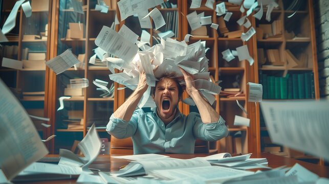 Person in the office appears desperate, holding their head while piles of documents clutter the desk, with papers flying around the room. The concept depicts overload and excessive work.