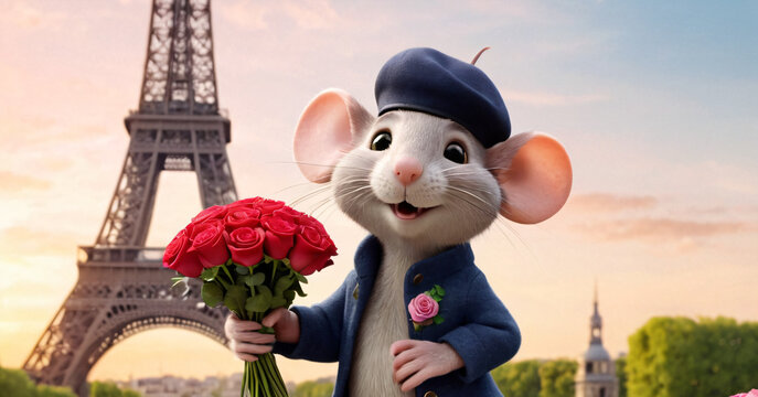 Cartoon rat with a bouquet of red roses in his paws on the street of Paris against the background of the Eiffel Tower