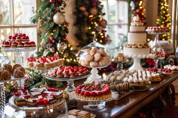 A holiday dessert table adorned with Christmas-themed treats such as cookies, candies, and cakes, offering a delightful array of sweet indulgences
