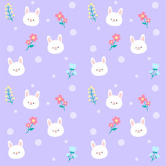 seamless kids pattern cute hand drawn bunny face in the garden light purple background vector illustration