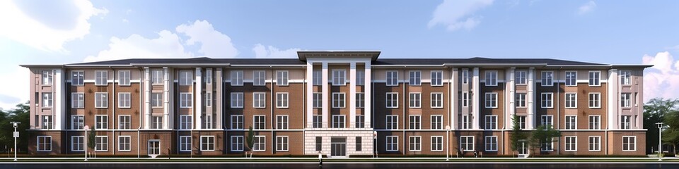 Fototapeta premium Large Brick Building With Many Windows Next to a Body of Water. AI.