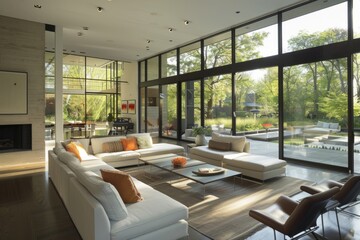 Wide-angle view of a living room flooded with natural light from numerous windows and filled with stylish furniture