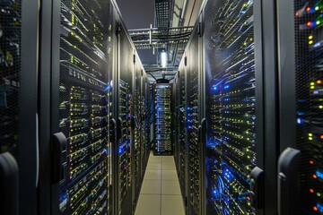 Wideangle view of a server room filled with racks of servers hosting cloud computing services, illustrating scalability - obrazy, fototapety, plakaty