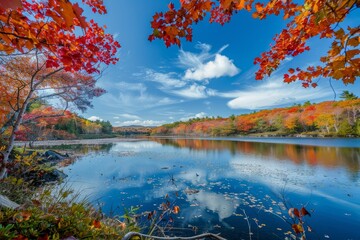 A scenic lake surrounded by trees displaying vibrant autumn foliage