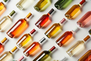 Colorful wine bottles of various colors and shapes arranged in an aerial view on white background top down view Generative AI