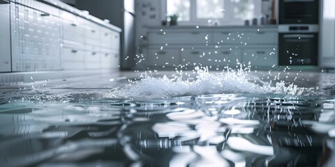 Kitchen floor flooded with water emphasizing the importance of property damage insurance. Concept Property Damage Insurance, Water Damage Cleanup, Emergency Preparedness, Homeowner Tips