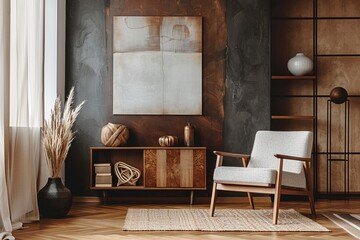 Modern interior design, dark brown wall with light gray and bronze accents.  Stylish wooden shelf for decorative objects