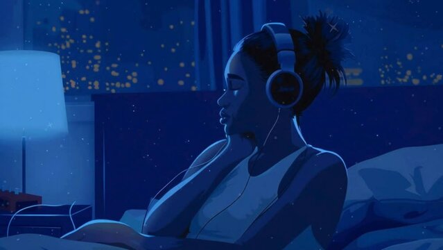 African woman listening to music with headphones in bedroom at night. Anime art style. Loop animation. lofi music background.