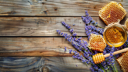 Promotional photo with empty copy space- honey in honeycombs and lavender on a wooden table close up, with empty copy space