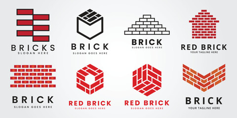 set bundle red brick, pile and stack balance bricks logo vector illustration design template product