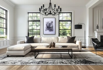 Modern interior design, living room with light wood floor and white walls. Sofa in neutral tones, large windows with natural lighting