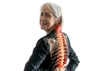 Studio portrait of old mature Caucasian Americana woman that holding back in pain,highlight pain pot, isolated on transparent png background