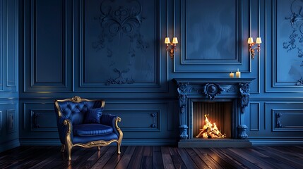 Classic royal blue color interior with armchair fireplace candle floor lamp