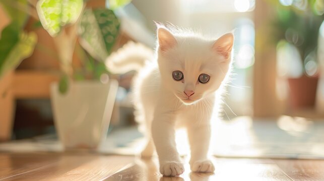 Cute little white kitten pet playing on living room background. AI generated image