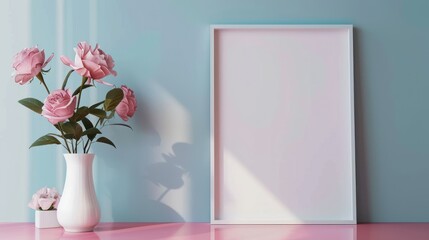 Beautiful pink rose in vase with empty frame mock up background. AI generated image
