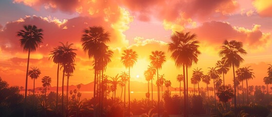 Sunny Los Angeles, palm trees silhouette, wide shot, golden hour for a laidback background , octane...