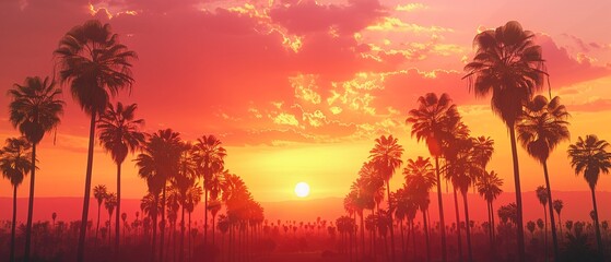 Sunny Los Angeles, palm trees silhouette, wide shot, golden hour for a laidback background , octane...