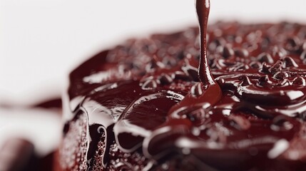 Irresistible chocolate pouring down from a cake's top, captured in HD clarity against a transparent...
