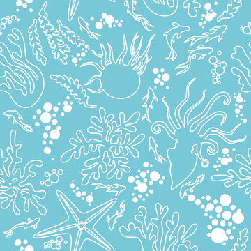 Seamless linear monochrome children's laconic marine pattern vector set with tropical fish, coral, jellyfish, seaweed, starfish, bubbles and octopus on turquoise background