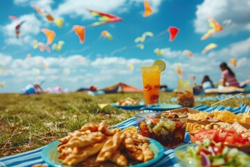 A sports-themed picnic during a kite flying festival, with colorful kites in the sky and a spread of snacks and drinks on the grass. - obrazy, fototapety, plakaty