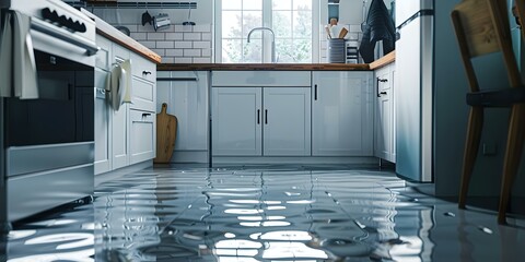 Kitchen floor flooded due to water leak causing property damage Insurance may cover repairs. Concept Home insurance, Water damage, Property repairs, Kitchen renovation, Insurance claims - obrazy, fototapety, plakaty