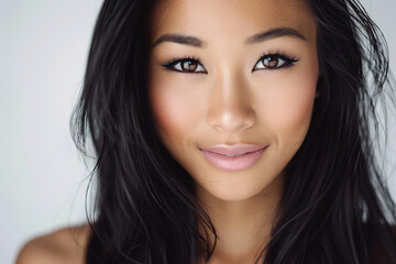 Fototapeta premium Portrait of a beautiful asian woman with long black hair and perfect dark smokey eye shadow smiling, with empty copy space