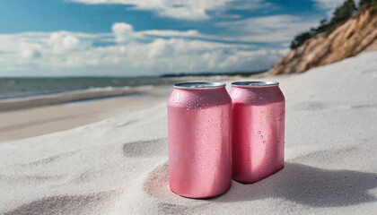 2 pink aluminum can with condensation drops on clear white sand at beach. Beer or soda drink package. - obrazy, fototapety, plakaty