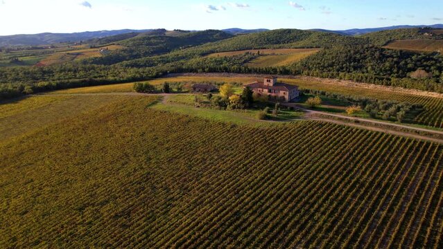 Italy, romantic Tuscany scenery with vast vineyards fields .famous region Chianti. aerial drone video over sunset 