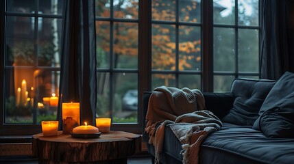 Couch with dark pads and tree stump foot stool with candles against window - obrazy, fototapety, plakaty