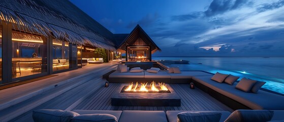 Maldives night haven: Firelit seating seating area oasis with a large fire pit and comfortable loungers amidst modern architectural design luxury villa - obrazy, fototapety, plakaty