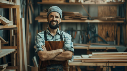 Happy carpenter in a carpentry shop