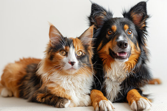 Realistic photo of an orange, black and white cat with long fur sitting next to the dog border collie on an isolated background. Created with Ai