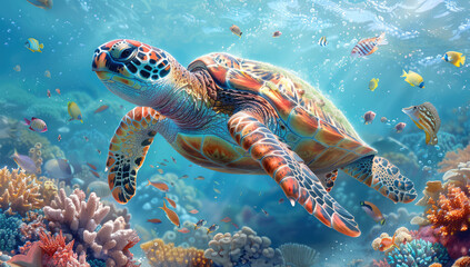 A majestic sea turtle gracefully swimming through the crystal clear waters of an exotic coral reef. Created with Ai - obrazy, fototapety, plakaty
