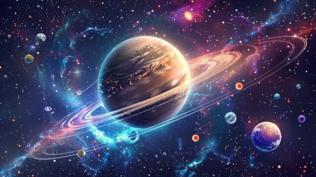 Colorful holographic solar system background. AI generated image