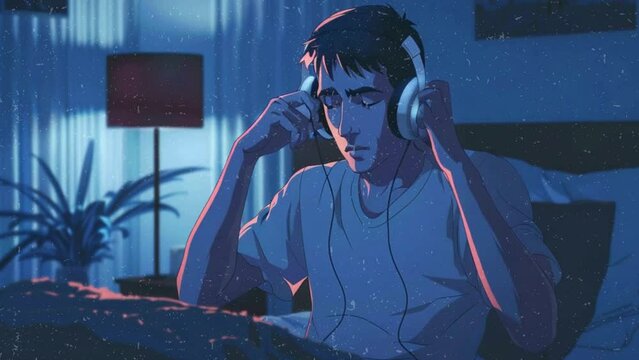 Hand drawn illustration man listening to music with headphones in bedroom at night. Anime art style. Loop animation. lofi music background.