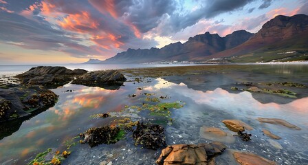 Naklejka premium A beautiful view of Cape Towns famous camps bay at sunset showcasing the rocky coastline and dramatic mountains in the background, Coastline landscape - Generative AI