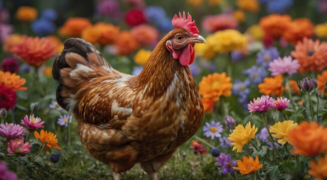 Generate an 8K portrait image of a hen standing gracefully amidst a background of vibrant flowers. Capture the hen's dignified posture and gentle gaze, harmonizing with the colorful blooms surrounding