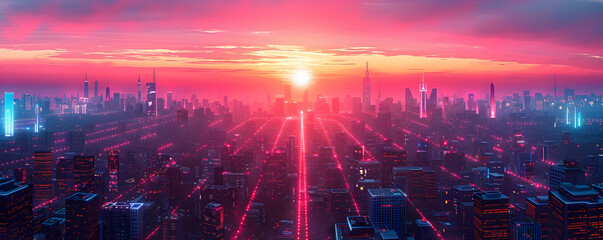 Futuristic Pink Cityscape at Dusk, To convey a sense of modernity, innovation and technological progress in urban settings