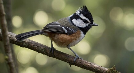 Obraz premium Black-crested tit perched on a mossy branch, small songbird with distinctive head feathers in a forest, wildlife photography of a bird in nature
