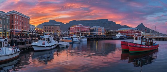 The beauty of Capetown. Leisure boats and traditional buildings Cape Town harbor with capturing the coastline of Iconic South Africa, Iconic peaceful dream vacation land. Generative AI - obrazy, fototapety, plakaty