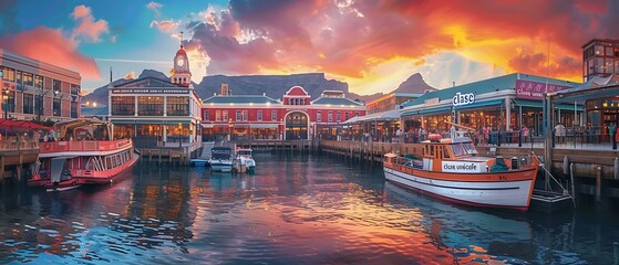 The beauty of Capetown. Leisure boats and traditional buildings Cape Town harbour with capturing the coastline of Iconic South Africa, Iconic peaceful dream vacation land. Generative AI - obrazy, fototapety, plakaty