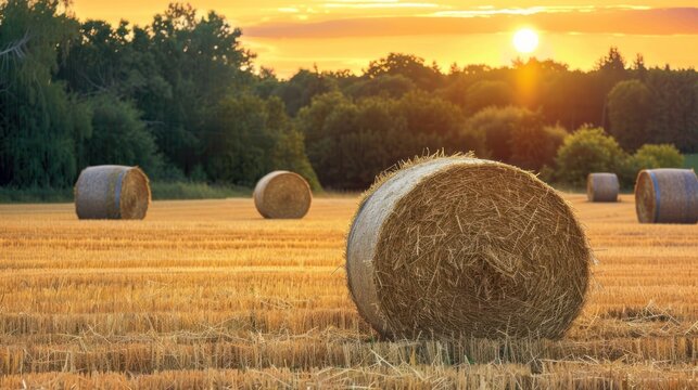 Landscape of Hay bales on the agricultural field at sunset. AI generated image