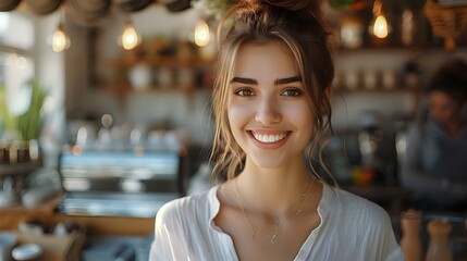 Morning Manager's Happiness: A Joyful Smile at the Local Coffee Shop - obrazy, fototapety, plakaty