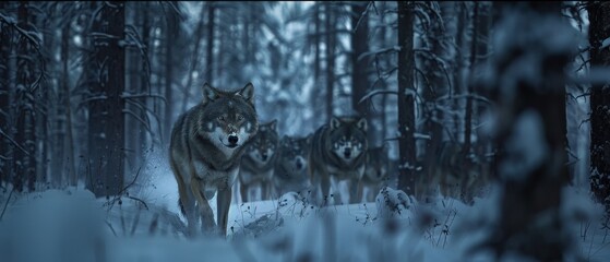 A wolf pack treks through the snow in a dense forest during twilight, showcasing the beauty and wildness of nature